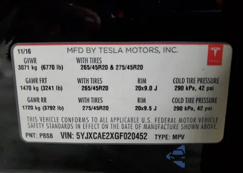 2016 Tesla Model X z USA, uszkodzony, nr VIN 5YJXCAE2XGF020452